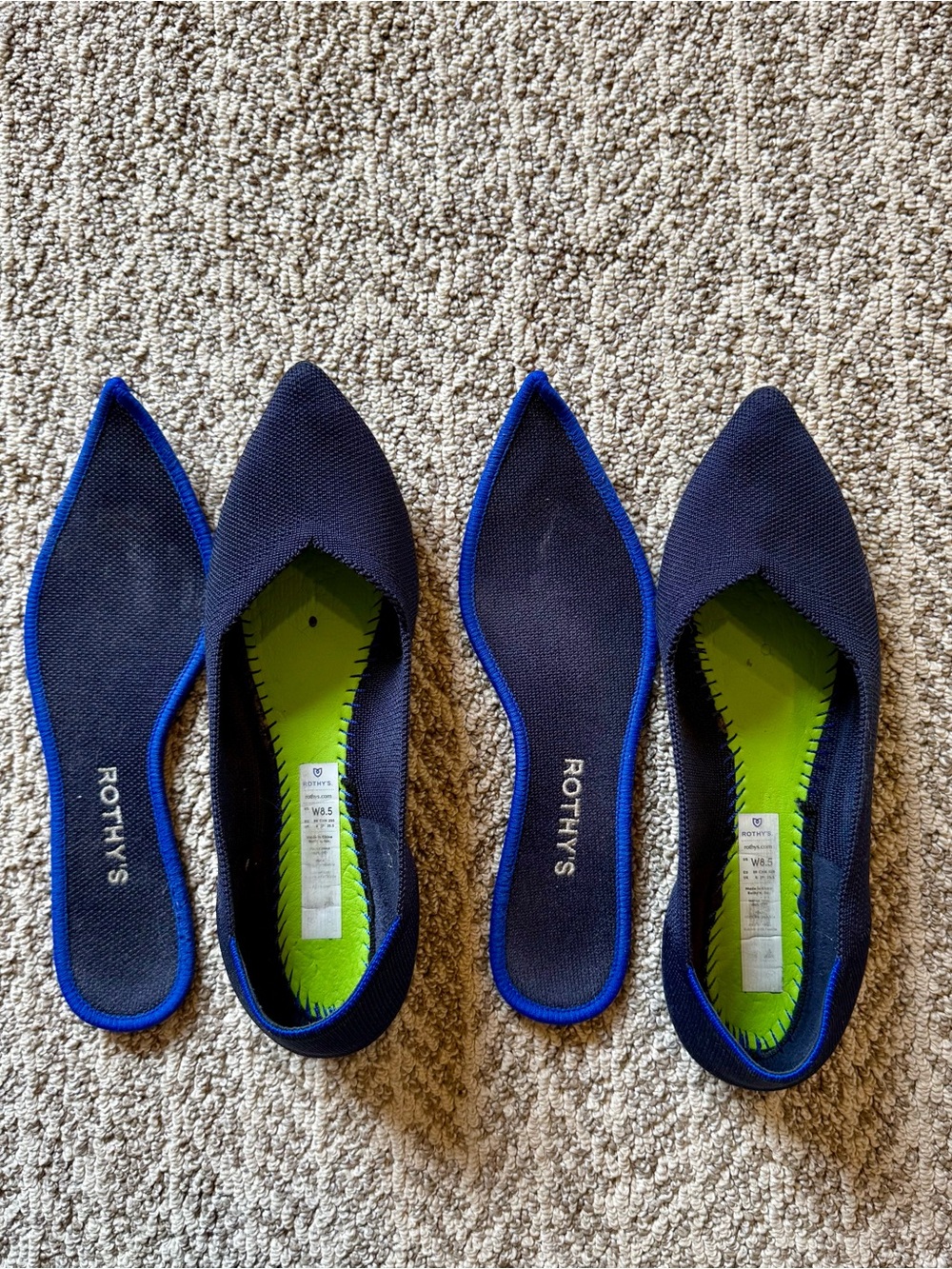 Rothy's Navy Blue Pointed Knit Flats with Neon Green Insole